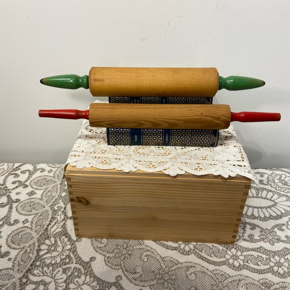 Two Vintage Wood Rolling Pins-One with Red Handles, the other with Green